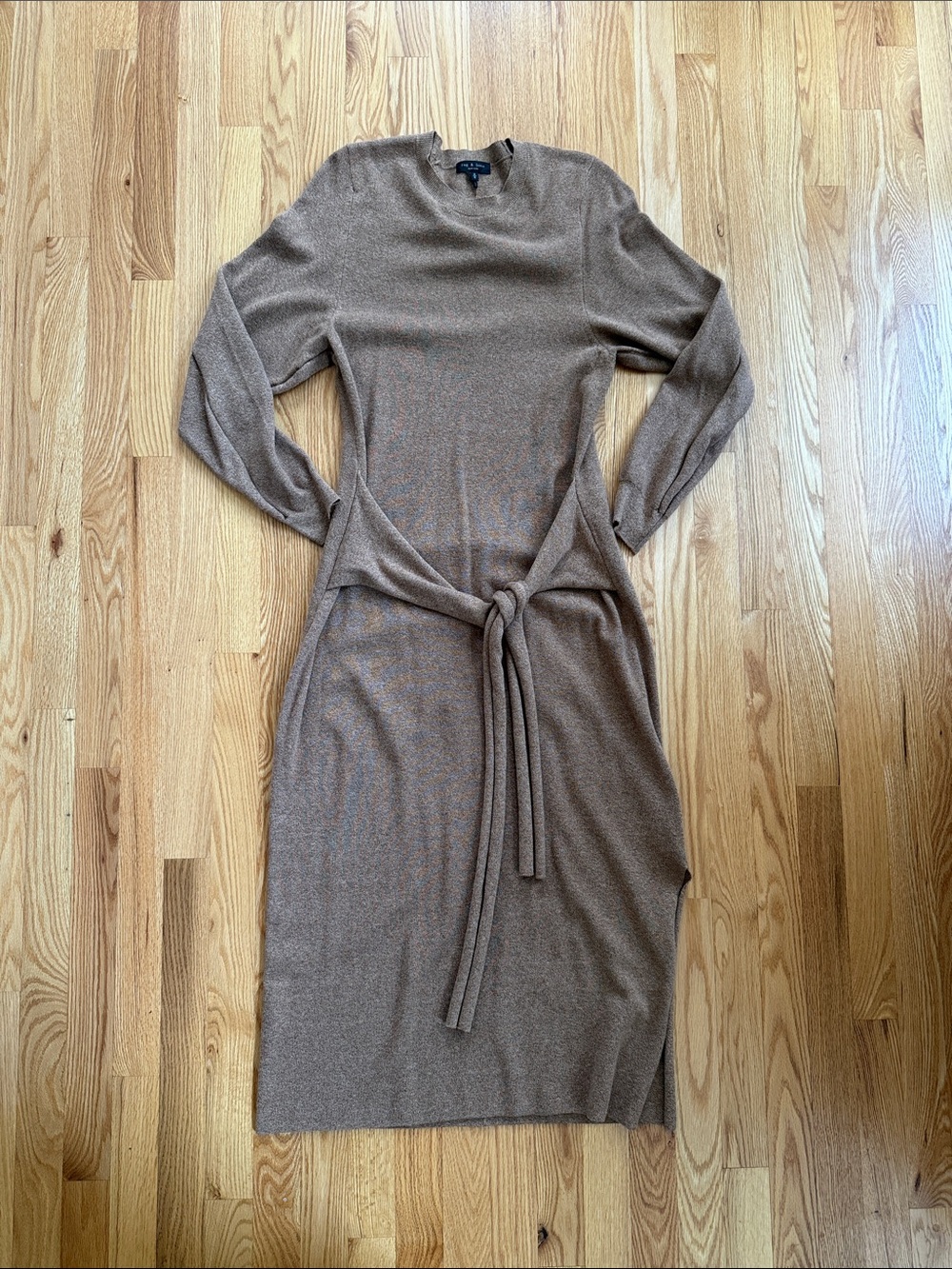 rag & bone Long-Sleeve Knit Tie-Waist Dress in marl brown